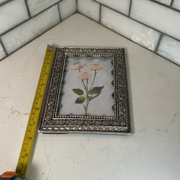 Pink Zinnia Flowers in a Vintage Azzure Home Pewter 5.5” x 3.5” Picture Frame - Picture 9 of 12